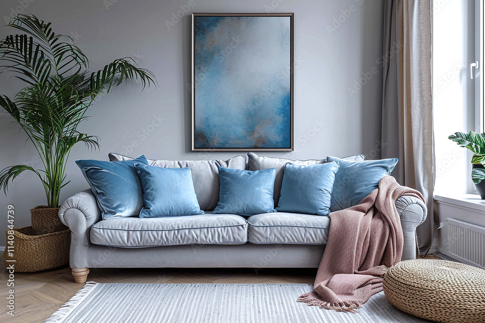 Fototapeta premium Blue sofa with violet and blue pillows against grey wall with copy space. Loft home interior design of modern living room