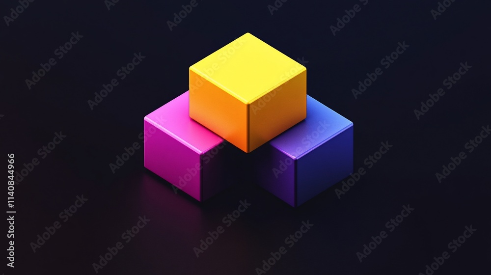 Three colorful cubes stacked on a dark background. Three colorful cubes stacked on a dark background.