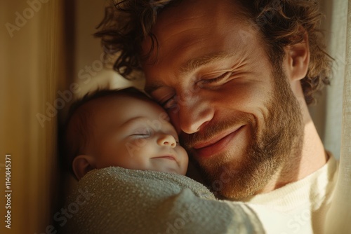 In a heartwarming display of affection, a dad smiles joyfully as he holds his baby close, enjoying a quiet moment together. The warm light highlights their connection and love