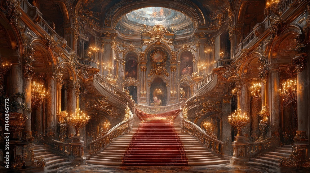 Fototapeta premium Grand ornate staircase, gold, red carpet, opulent palace.