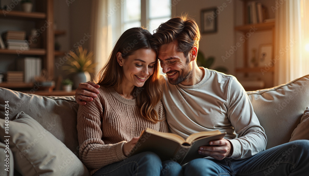 Fototapeta premium Smiling couple reading a book together on a cozy living room couch 
