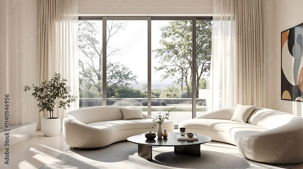 Bright Living Room with Round Sofas and Large Windows with Nature View Bright Living Room with Round Sofas and Large Windows with Nature View