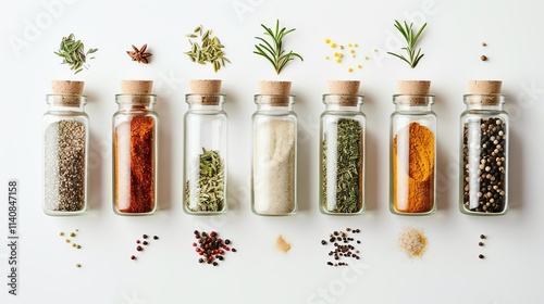 A flat lay of artisanal spice jars isolated on a clean white background.--ar 16:9 photo