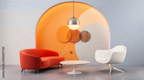 Modern Living Room with Red Sofa, White Chair and Geometric Design
