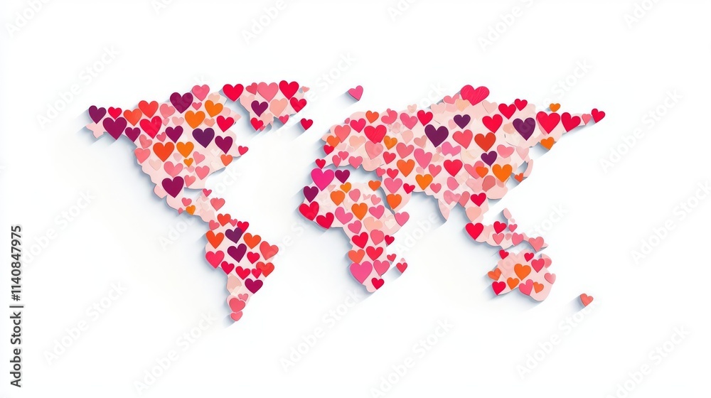 Fototapeta premium Colorful world map made of hearts representing global love and unity.