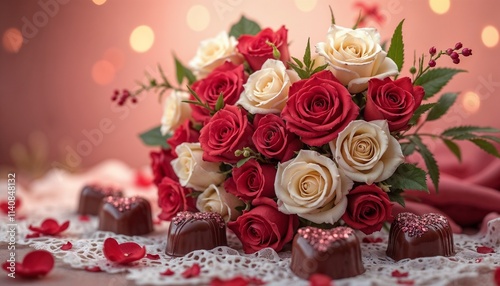 Beautiful bouquet of red and white roses with heart-shaped chocolates for Valentine’s Day against a romantic backdrop with copy space