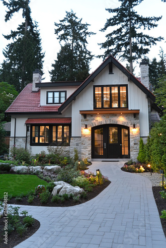 A picturesque home in the British Columbia style, featuring traditional architecture with white walls and black-trimmed windows. The house is surrounded by lush greenery and has an elegant front yard 
