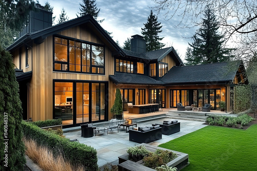 A large, modern home in the craftsman style with black wood accents and windows, nestled amidst lush green grass on an open lot in the Cleaveland, Washington state. The house features multiple levels. photo