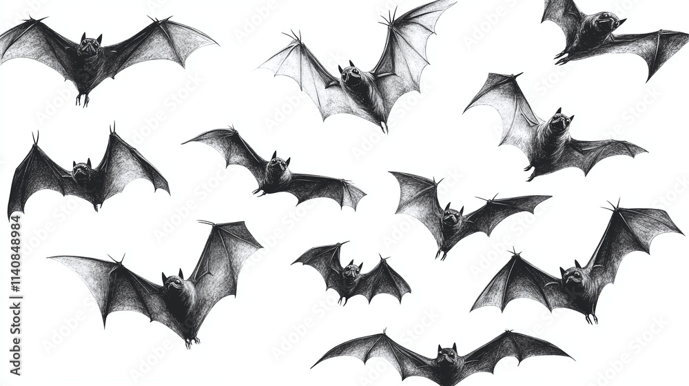 Set of flying bats isolated on white background. Group of flying black bats for Halloween decoration. Set of flying bats isolated on white background. Group of flying black bats for Halloween decoration.