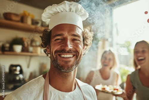 Smiling in a chefs hat, a dad proudly holds his baby while family members share laughter and good food, creating cherished memories on Father's Day photo