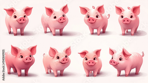 A collection of little cute piglets. Set of little pig isolated on white background. 