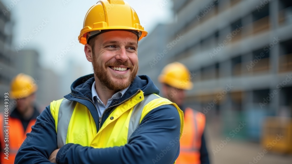 A group of construction workers, dressed in safety helmets and vests, stands confidently at a bustling construction site. The lead worker smiles, indicating teamwork and professionalism A group of construction workers, dressed in safety helmets and vests, stands confidently at a bustling construction site. The lead worker smiles, indicating teamwork and professionalism