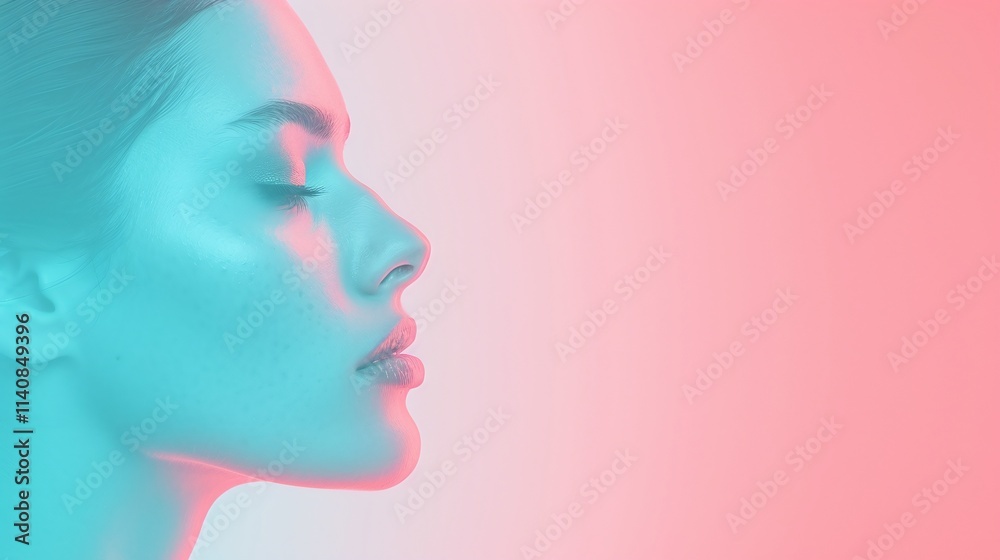 Profile portrait of a woman with soft blue and pink lighting gradient, minimalist composition, vibrant and futuristic photography concept with copy space for text
Profile portrait of a woman with soft blue and pink lighting gradient, minimalist composition, vibrant and futuristic photography concept with copy space for text