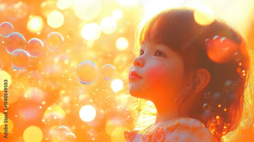 Little girl blowing bubbles in sunset light, enjoying carefree childhood moments. Little girl blowing bubbles in sunset light, enjoying carefree childhood moments.