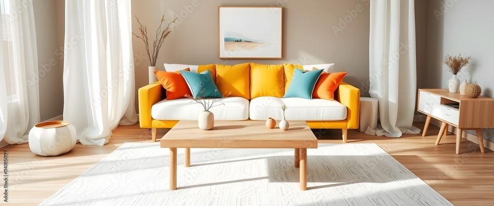 Fototapeta premium Modern Living Room with Yellow Sofa, White Curtains, and Minimalist Decor