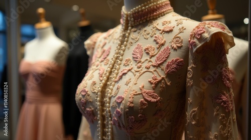 A close-up of a high-fashion garment featuring exquisite embroidery and unique textures, elegantly displayed on a mannequin in a stylish boutique photo