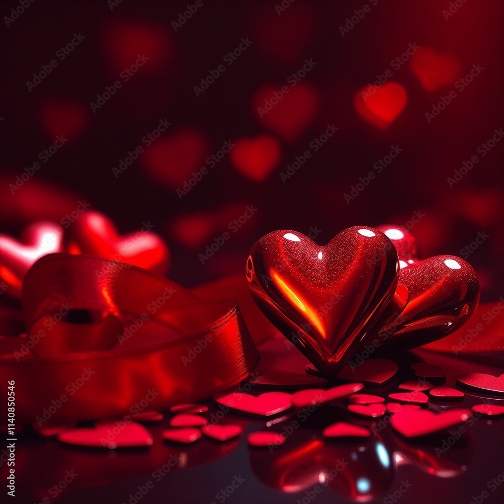 Romantic red hearts and ribbons on reflective surface for Valentine's Day Romantic red hearts and ribbons on reflective surface for Valentine's Day