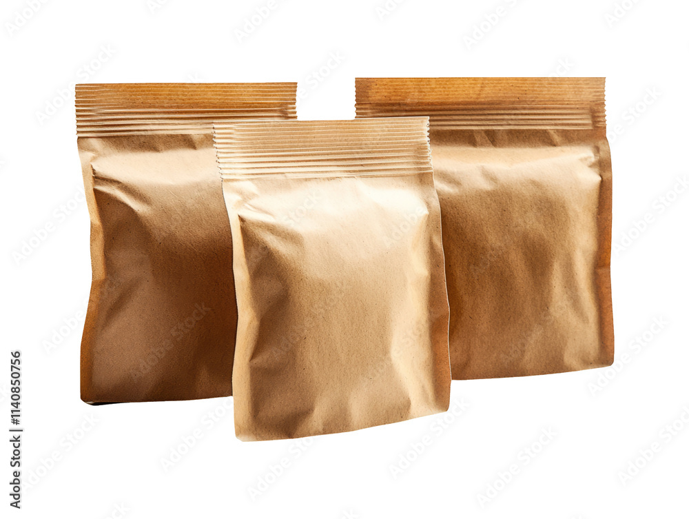Isolated Brown Paper Bags on Transparent Background with Shadows