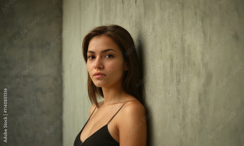 Woman model with long hair stands on concrete wall background