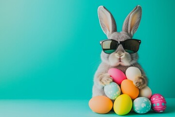 An easter bunny rabbit wearing sunnies, shades, sunglasses holding colourful easter eggs against a turquoise isolated background with room for text.