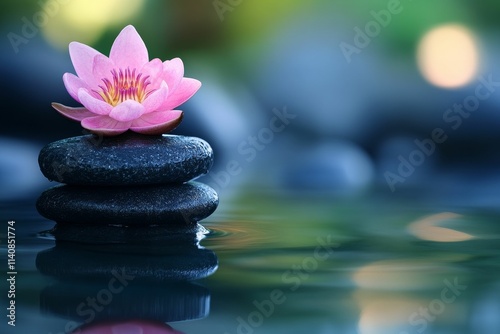 Pink flower atop smooth stones, serene water reflection.