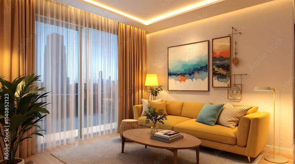 Fototapeta premium Modern Living Room with Yellow Sofa, Abstract Art, and City View