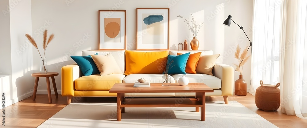 Fototapeta premium Modern Living Room with Yellow Sofa, Colorful Cushions, and Minimal Decor