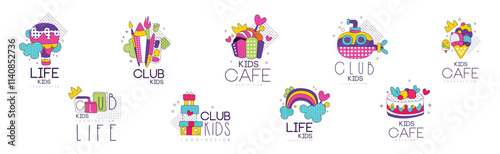 Kids Club and Land Colorful Logo and Label Vector Set