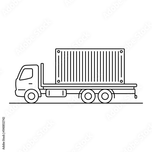 Truck carrying container icon. Black outline linear silhouette. Editable strokes. Side view. Vector simple flat graphic illustration. Isolated object on white background. Isolate.
