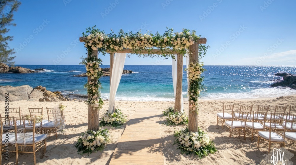 A wooden wedding archway adorned with white flowers on a sandy beach with rows of white chairs and a view of the ocean. A wooden wedding archway adorned with white flowers on a sandy beach with rows of white chairs and a view of the ocean.