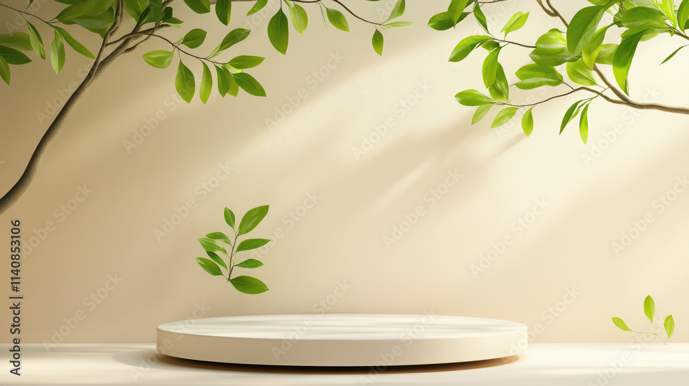 3D display podium. Pastel beige background with pedestal color stand and tree branch shadow . Nature green leaf. Beauty, cosmetic product mockup. Minimal 3d render. Bright studio advertisement 3D display podium. Pastel beige background with pedestal color stand and tree branch shadow . Nature green leaf. Beauty, cosmetic product mockup. Minimal 3d render. Bright studio advertisement