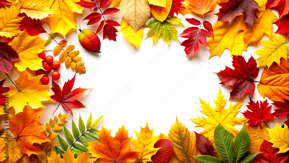 Beautiful yellow, red, orange foliage. Natural background. Border frame of colorful leaves. Vibrant fall colors. Autumn leaves cut outs . on white background Beautiful yellow, red, orange foliage. Natural background. Border frame of colorful leaves. Vibrant fall colors. Autumn leaves cut outs . on white background