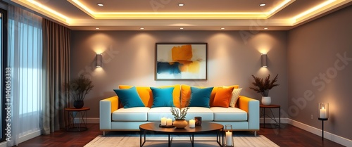 Modern Living Room with Yellow Sofa, Wall Sconces