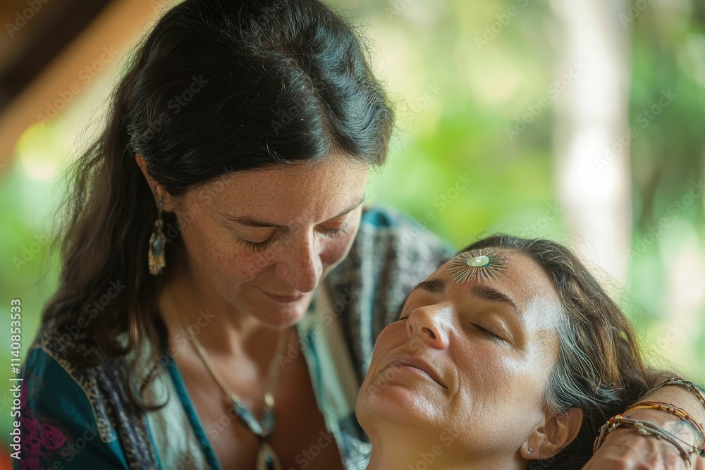 Woman receives forehead adornment, peaceful expression. Woman receives forehead adornment, peaceful expression.