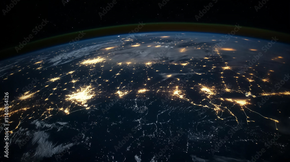 Obraz premium Lichter der modernen Städte Europas in der Nacht aus dem All betrachtet