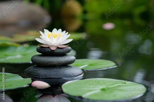 Serene water garden; flower atop stacked stones.