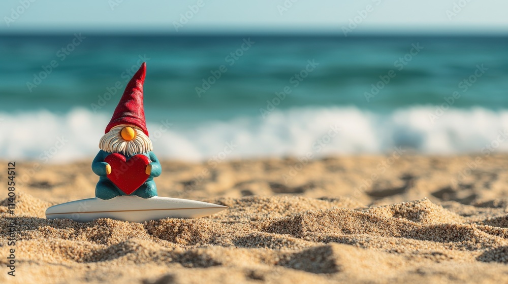 Colorful gnome holding a red heart on a surfboard at a sandy beach with waves and clear blue sky in the background, representing summer joy and playful spirit Colorful gnome holding a red heart on a surfboard at a sandy beach with waves and clear blue sky in the background, representing summer joy and playful spirit