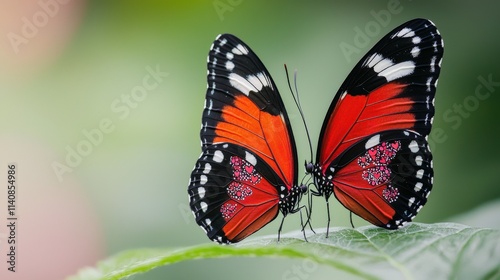 Close-up View of Beautiful Monarch Butterfly Resting on Green Leaf, Showcasing Vibrant Orange and Black Wings Against Soft Nature Background