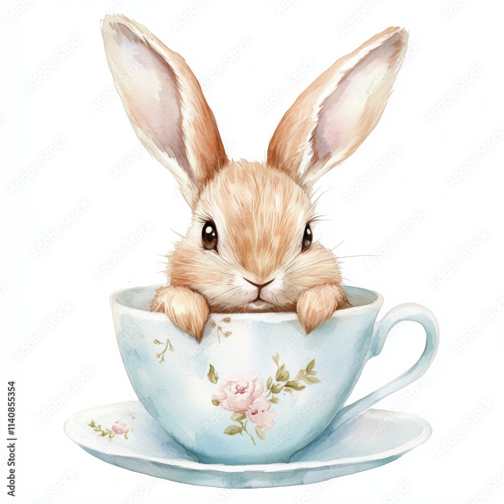 Fototapeta premium Cute rabbit in a teacup, funny illustration, watercolor clip art.