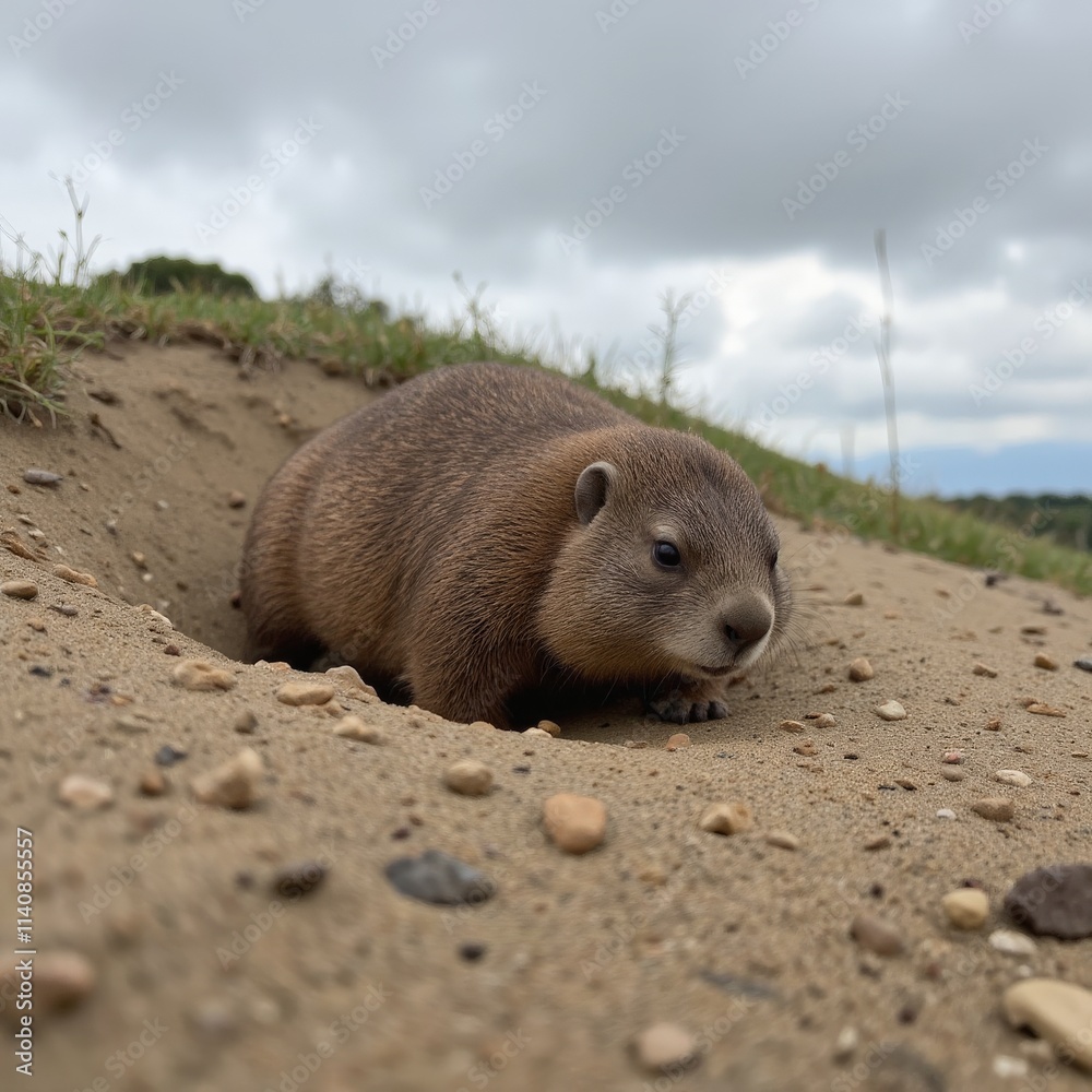 A small animal is standing in a hole in the sand