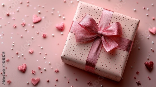 Beautifully Wrapped Pink Gift Box Surrounded by Decorative Hearts and Sprinkles for Celebratory Occasions, Perfect for Anniversaries, Birthdays, or Special Moments