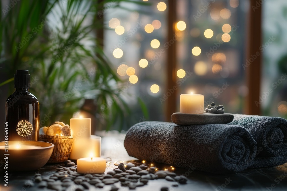 Relaxing spa scene: candles, stones, towels, and oil. Relaxing spa scene: candles, stones, towels, and oil.