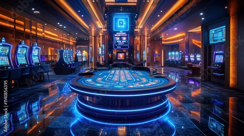 Luxurious casino interior with gaming tables and slot machines under vibrant lighting.