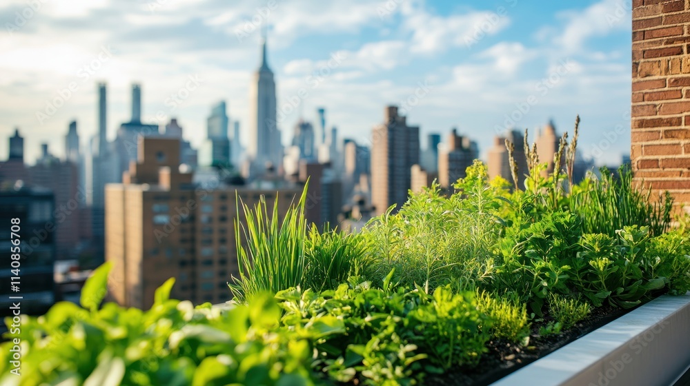 Fototapeta premium A rooftop garden with a view of the city skyline.