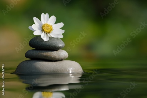 Serene flower atop balanced stones, reflecting in water.