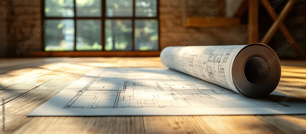A rolled up blueprint lays on a wooden floor with sun shining through a window. A rolled up blueprint lays on a wooden floor with sun shining through a window.