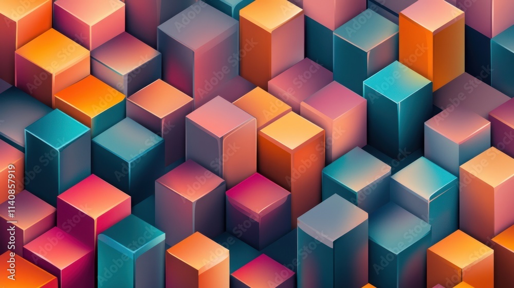 Abstract Colorful Cube Cityscape: A vibrant digital art piece showcasing a dynamic arrangement of colorful 3D cubes, resembling a futuristic city or a geometric landscape.