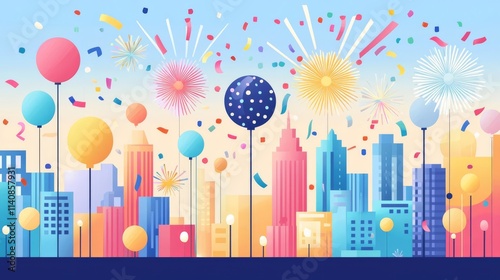 A vibrant city skyline adorned with balloons and fireworks celebrating a festive occasion.