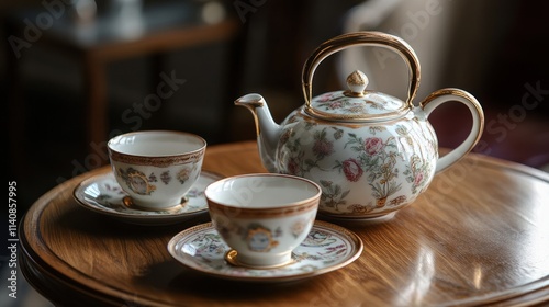 Elegant Tea Set on Wooden Table