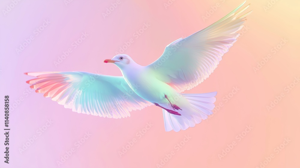 Obraz premium white seagull flying with wing spreading in air with pastel light background
